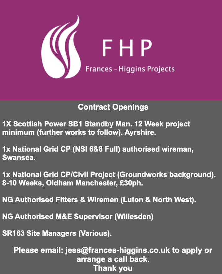 FrancesLtd's tweet photo. Current openings for 04/03!
Please email jess@frances-higgins to apply or with your availability to arrange a call back!
Thank you!
#hv #substation #work #nationalgrid #contractor #m&amp;e #civil https://t.co/DfUI5NT74U