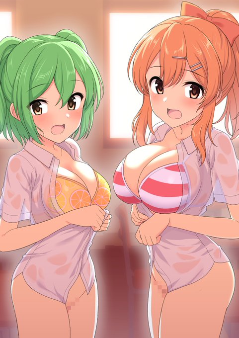 skebにてご依頼をいただき、「水遊び後に着替え中、主人公君に着替えを見られちゃった明音ちゃんと知ちゃん」を描かせていただきました! 