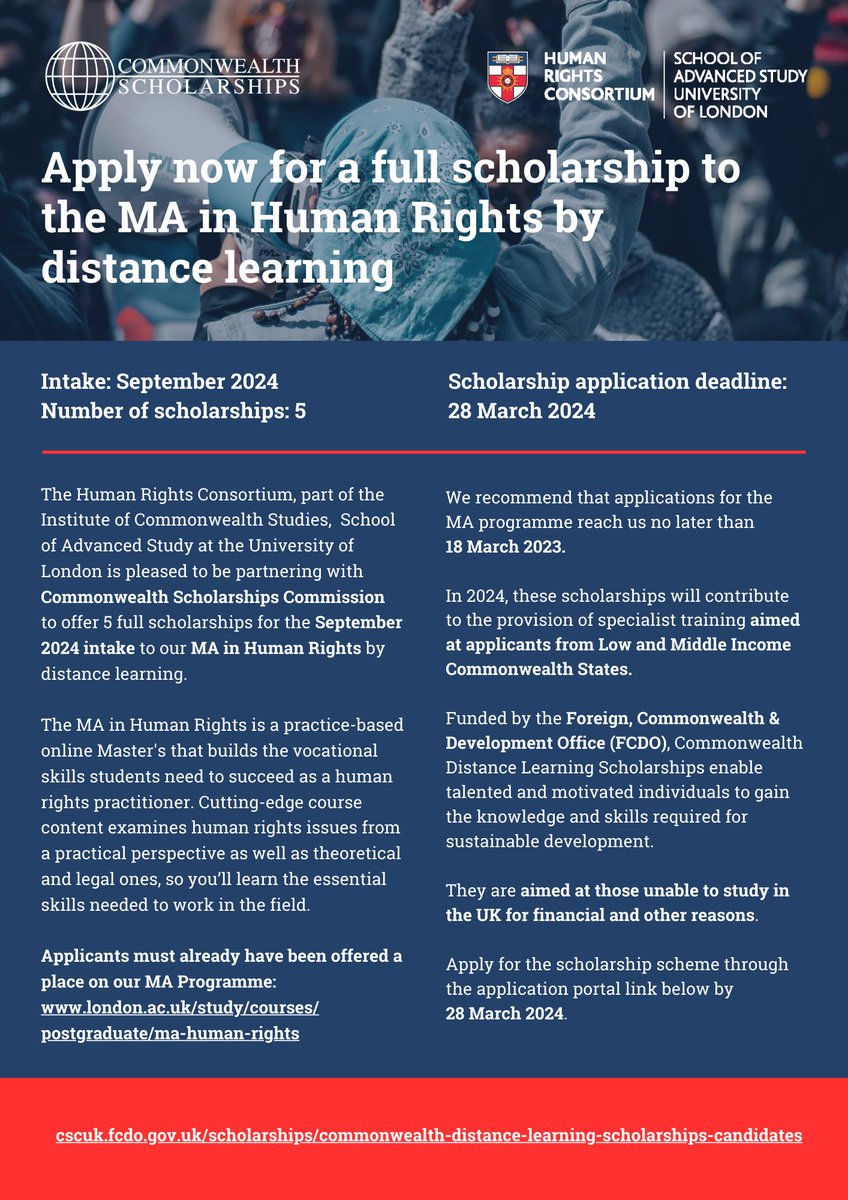 Applications are now open for the MA Human Rights by distance learning for September 2024. Full scholarships available from the Commonwealth Scholarships Commission! See details below 👇👇👇 london.ac.uk/study/courses/… #scholarships #commonwealth #humanrights @LondonU @ICwS_SAS