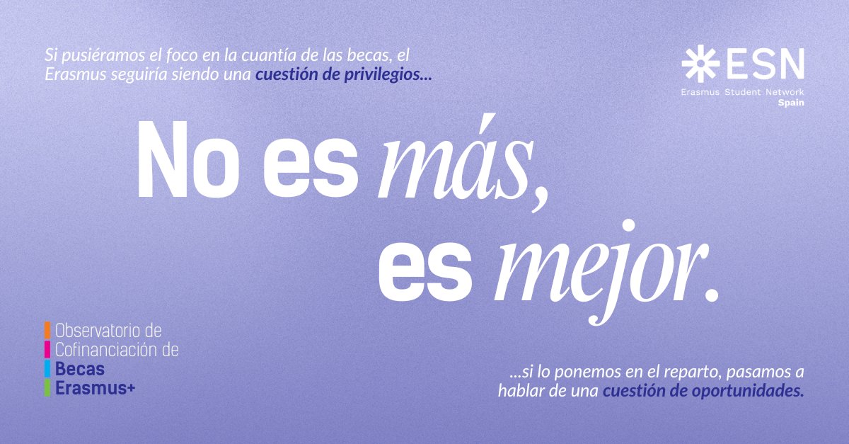 📢 ¡Presentamos nuestra campaña “No es más, es mejor”! 

Nos proponemos transformar la distribución de las becas Erasmus+, priorizando un enfoque más justo y equitativo que garantice que los recursos lleguen a quienes más los necesitan 🌈✊🏽