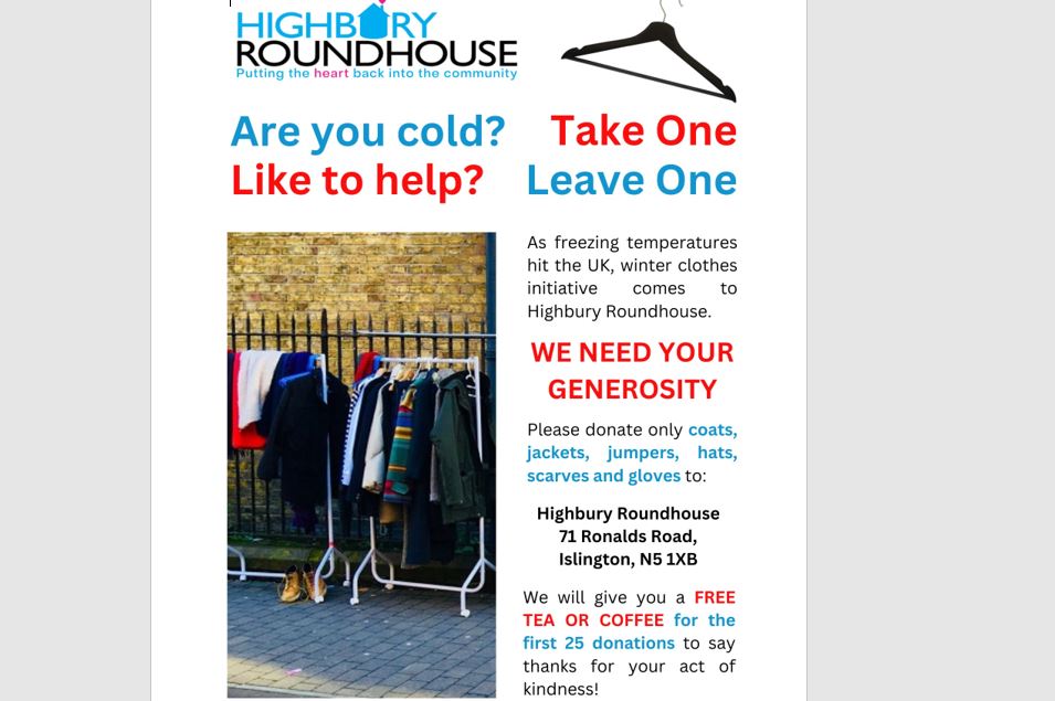 “We are pleased to introduce the #TakeOneLeaveOne initiative which will help vulnerable families in our community" Andrew Berthier, Director of <a href="/hi_roundhouse/">Highbury Roundhouse</a> 

#TOLOHighbury rail is launching this Thursday, 1pm

Journalists, MPs, celebs welcome

Please drop off clothes anytime