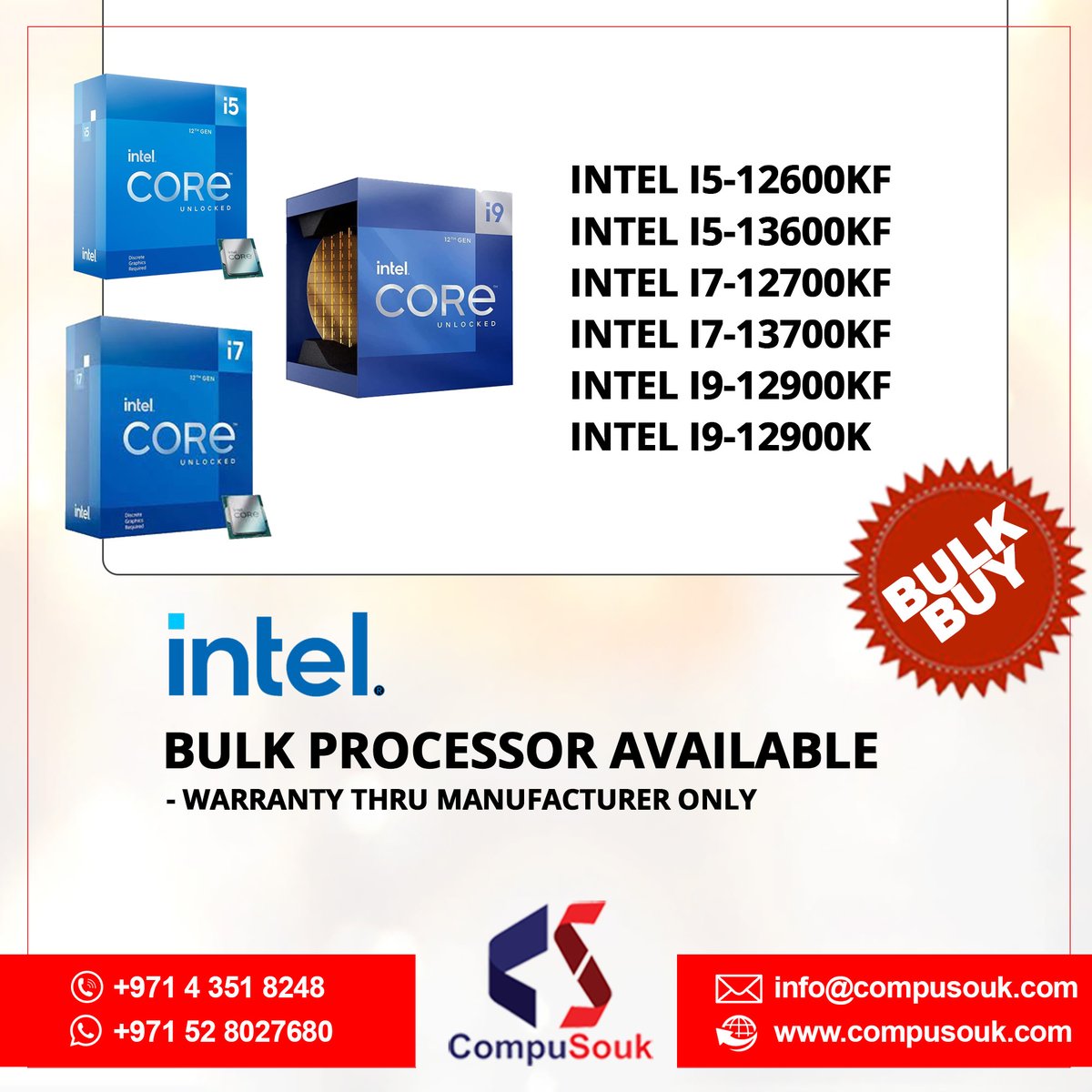 #Intel #Bulk #Processor Available. Enquiry now.

Intel i5-12600K | Intel i5-13600KF | Intel i7-12700KF | Intel i7-13700KF | Intel i9-12900KF | Intel i9-12900K

Visit for more Deals compusouk.com/daily-deals/
#ITReseller #ITBuyers #ConsumerElectronics #Distributor #WholesaleDeal