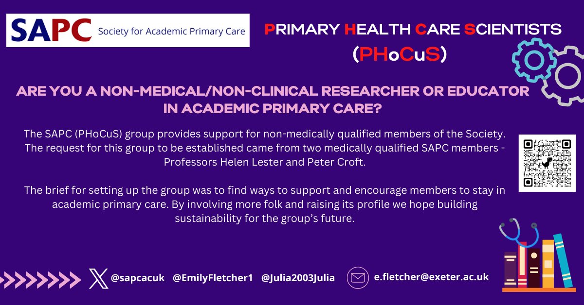 Please help us find out who our Primary Health Care Scientists (PHoCuS) are in academic primary care! @sapcacuk PHoCuS support non-medical/non-clinical researchers & educators) Please fill in this short (promise!) survey: shorturl.at/etNV1 🙏 @Juliah2003Julia