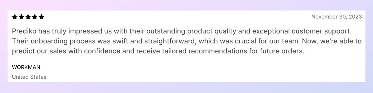 goprediko's tweet image. Thanks WORKMAN for the ⭐ review

”Outstanding product quality and exceptional customer support”.

DM us if you’re looking for the best inventory management experience :-)