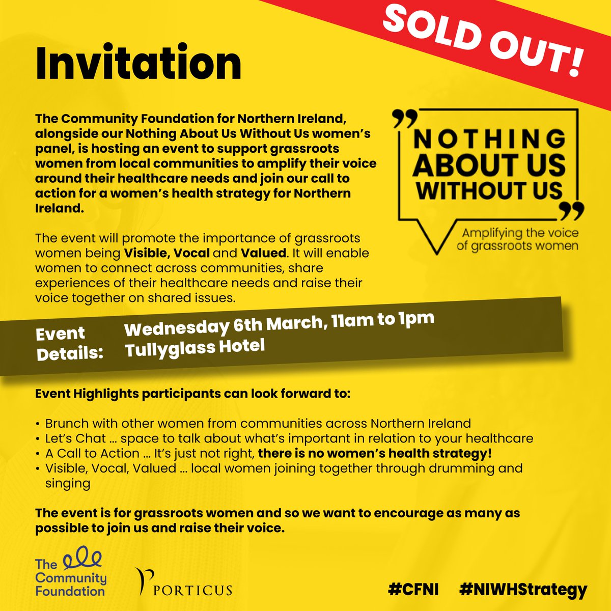 CFNIreland's tweet photo. ๐ข Our Nothing About Us Without Us (NAUWU) event for next week is totally SOLD OUT!
The event will promote the importance of our grassroots women being Visible, Vocal and Valued.
#NIWHStrategy #CFNI #Visible #Vocal #Valued https://t.co/dyL1noP6Hp