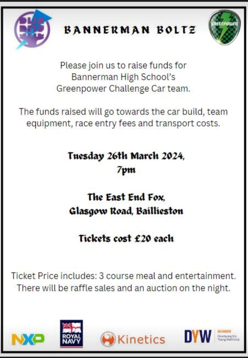 BHS_STEMed's tweet image. If you would like a ticket for our fundraising event please email gw20pettigrewclaire@glow.sch.uk @BannermanHigh @NXP @DJ_Cammy_F @KineticsGlasgow @RoyalNavy