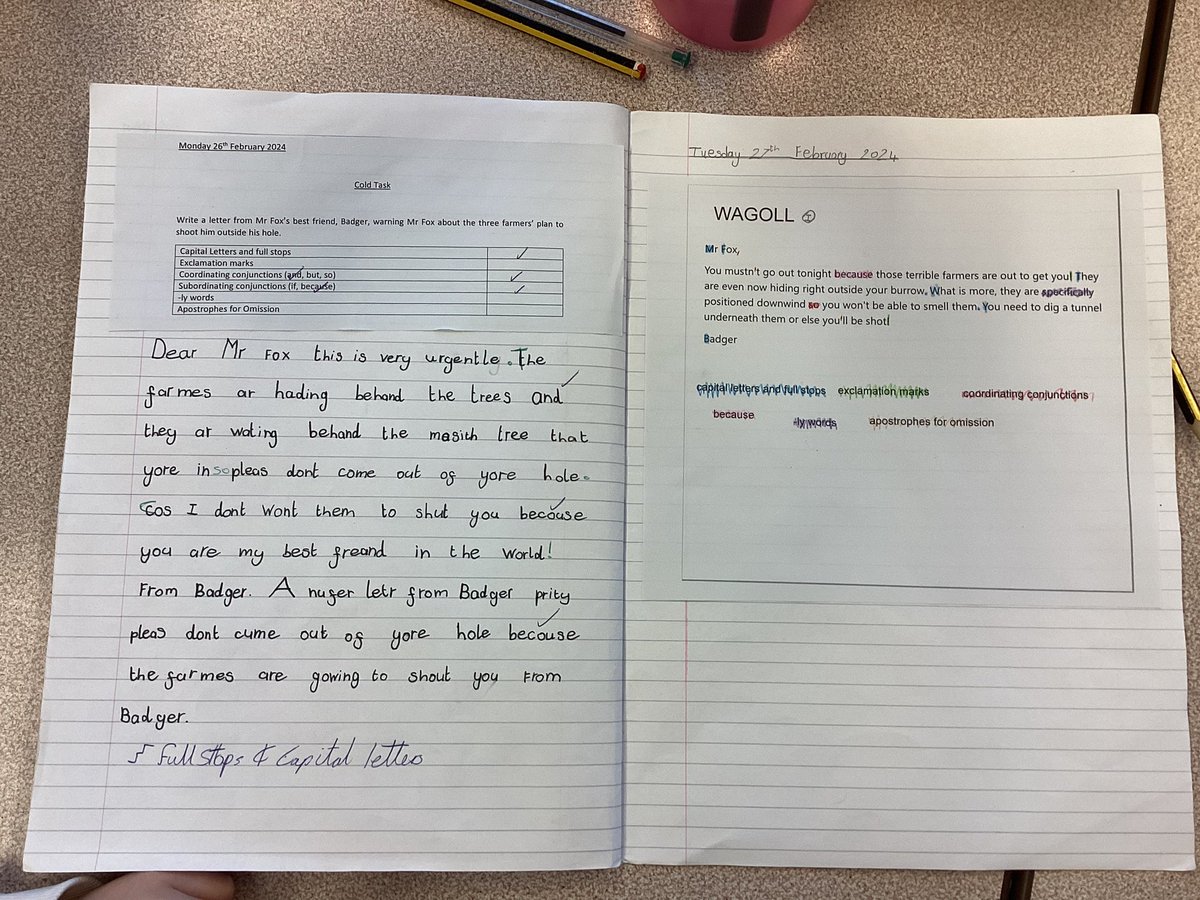 Hey <a href="/OTeaching/">Andy Griffith</a>, here <a href="/KirkburtonFirst/">Kirkburton CE First School</a> we’ve been following up a cold task with analysing a WAGOLL for our writing around Fantastic Mr Fox - we need to warn him about the farmers awful plan! #PrimaryEnglish #TeachingBackwards