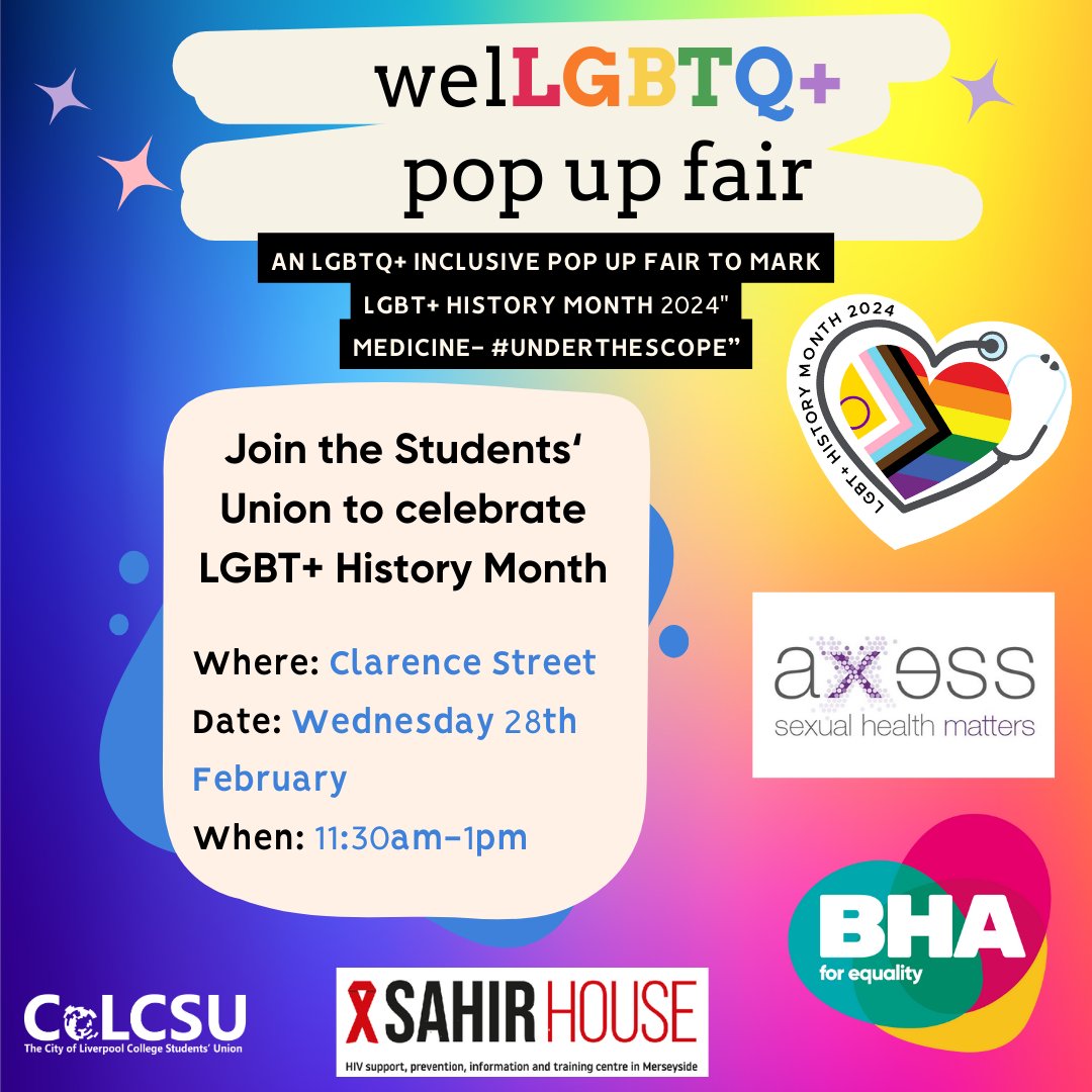 We're happy to join @CoLCSU and @SahirHouse @Axess_SH  to celebrate LGBTQ+ History month! As part of @PaSHinLiverpool we will see you on Wednesday 28th February from 11:30am to 1pm 

@GMPaSH
@PaSHinLiverpool 

#sexualwellbeing #liverpool #freecondoms #hivprevention #hivtesting