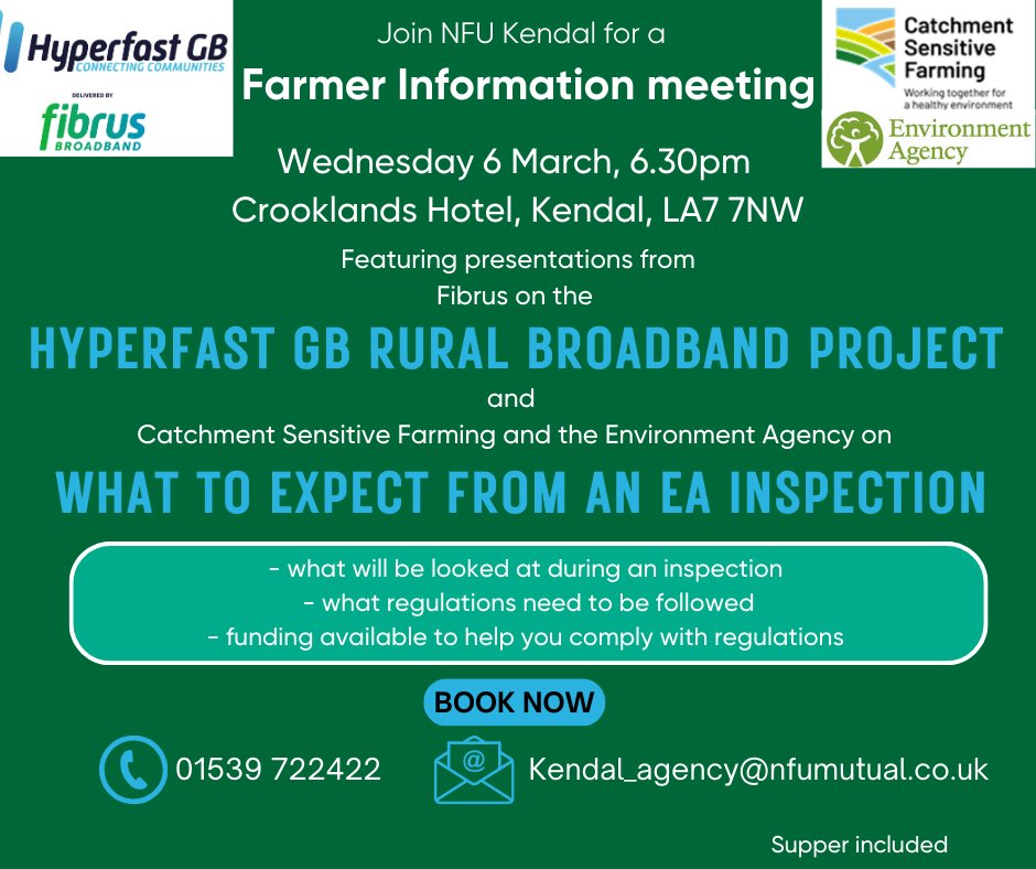 📢Farmer Information Meeting taking place at Crooklands Hotel, Kendal, supper included! #CatchmentSensitiveFarming #LakeDistrict #Cumbria