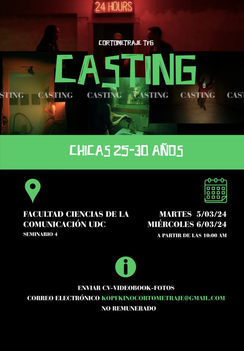 Hola! Estoy buscando a una actriz para mi TFG. Cualquier duda, al correo electrónico kopfkinocortometraje@gmail.com
 Agradezco difusión 🙏🏻💚