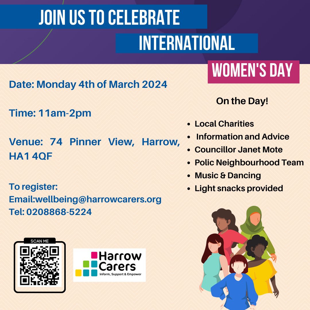 Celebrate International Women's Day with us! 📷Date: Monday 4th of March 2024 📷Time: 11am-2pm 📷Venue: 74 Pinner View, Harrow, HA1 4QF 📷To register: Email:wellbeing@harrowcarers.org Tel: 0208868-5224 #internationalwomensday #Harrow #harrowcarers