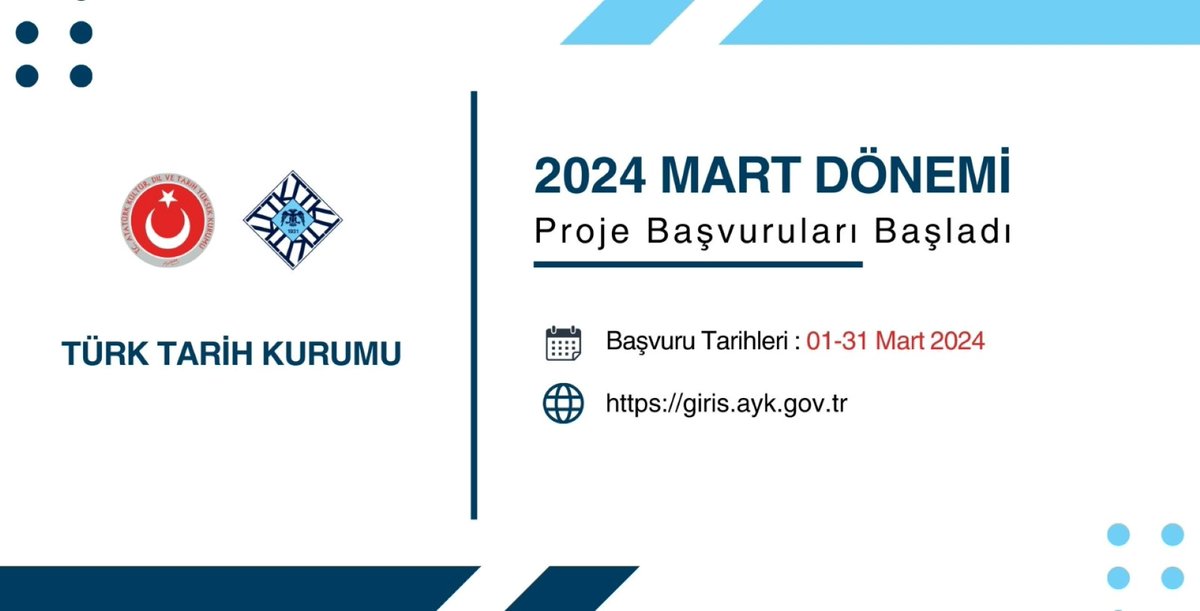 2024 Mart dönemi proje başvuruları başlıyor. Atatürk Kültür, Dil ve Tarih Yüksek Kurumu Bilimsel Araştırma ve Çeviri Projeleri Yönergesi çerçevesinde proje başvuruları 1-31 Mart 2024 tarihleri arasında yapılacaktır. Ayrıntılı bilgi ve başvuru için: ttk.gov.tr/duyurular/2024…