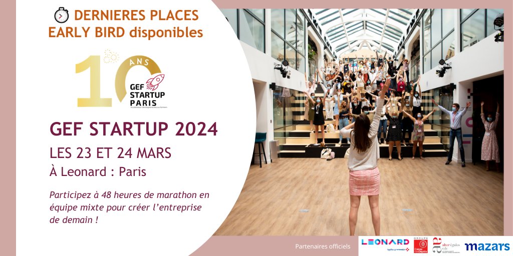 DERNIERES PLACES early bird 🐥pour la 10ème édition du GEF Startup weekend les 23 &amp;24 mars à <a href="/WeAreLeonard/">Leonard</a>  ! Tu es une porteuse de projet ou tu veux être co-équipier(e) le temps d'un week-end ? Alors inscris-toi vite par ici 👉bit.ly/GEFstartup2024