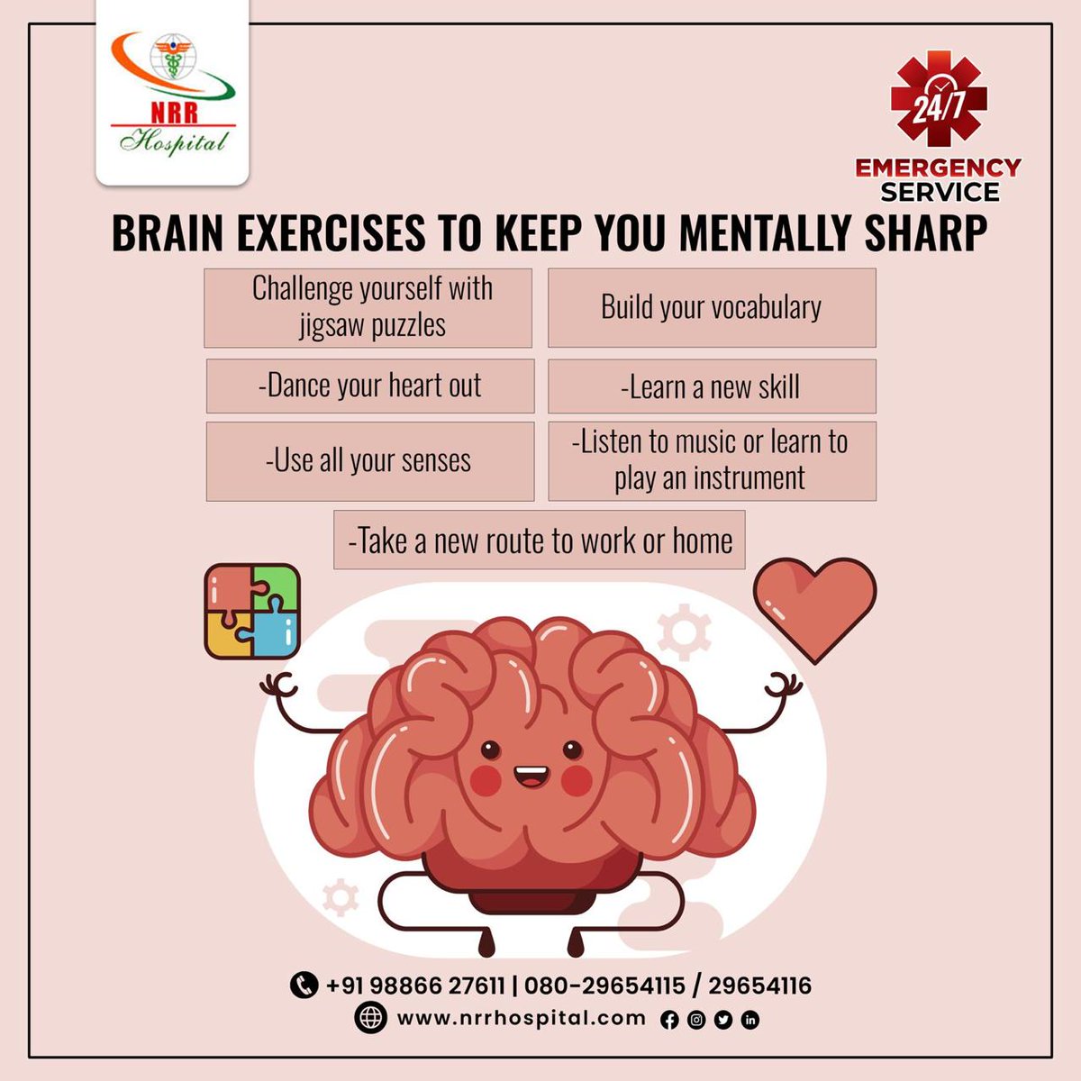 NrrHospital's tweet image. Studies have indicated that there are numerous approaches to improving mental acuity and maintaining brain health. Engaging in specific brain workouts can help maintain mental acuity as you age by improving memory, focus, and concentration.
#brainexercises #activebrain #doctor