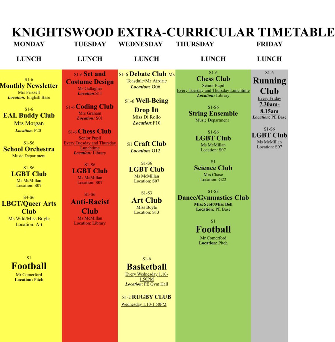 pe_knightswood's tweet photo. See this weeks sports bulletin at Knightswood Secondary @KnightswoodSec with an updated version of the extra-curricular clubs🤩💪🏼. See @MissMullen22 or @burrell_mr in PE base for more information 😁 https://t.co/0PDEFtPw8I