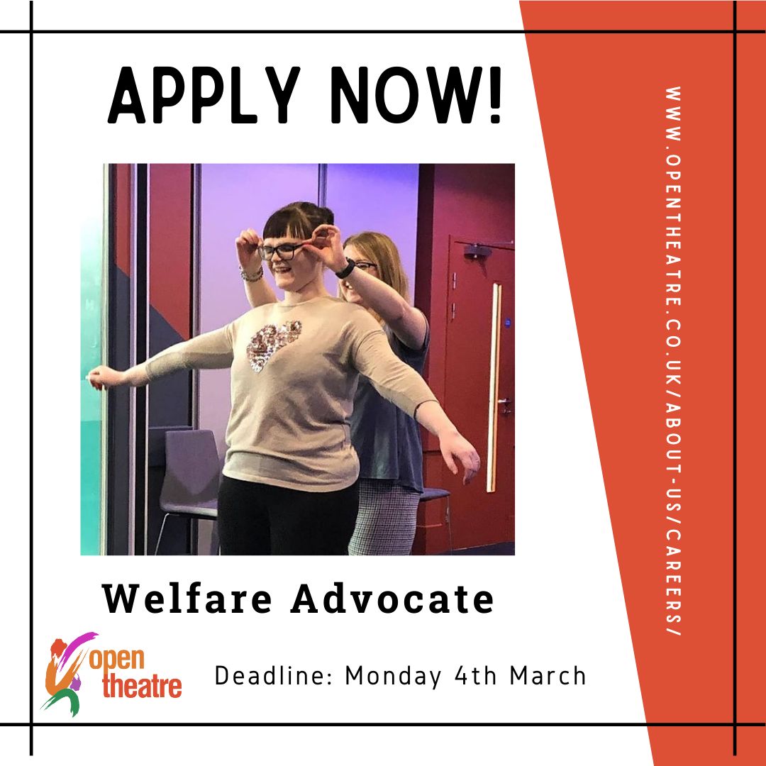 Less than 1 WEEK to apply for our Welfare Advocate role! 🎭 If you're passionate about working with Open Theatre and supporting artists with learning disabilities - apply now!👇 buff.ly/2LDwHoX