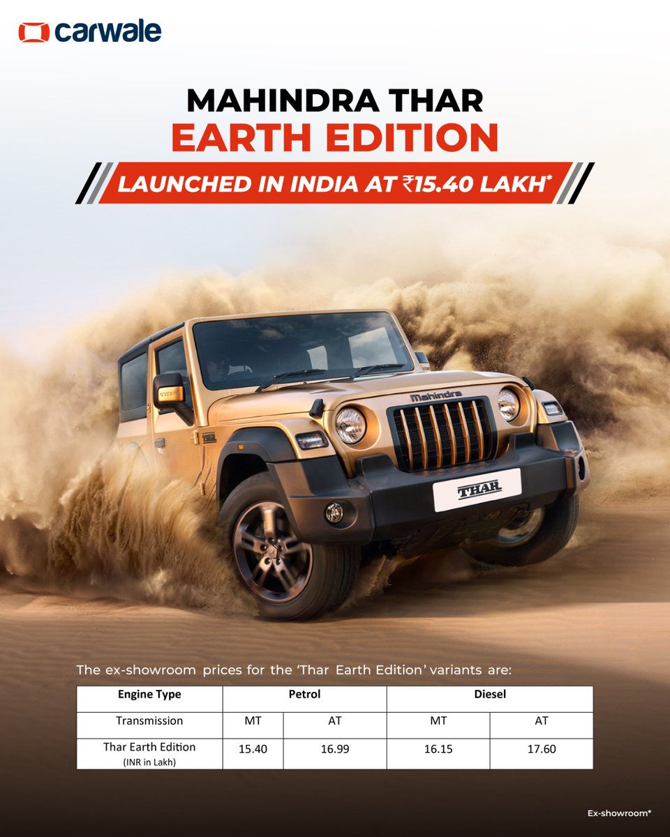 CarWale's tweet image. #MahindraTharEarthEdition launched with a starting price of Rs. 15.40 lakh (ex-showroom).
- New Desert Fury matte colour
- 'Earth' badge
- Matte black lettering
- Beige and Black interior theme
- Dark chrome accents on gear knob, centre console, and steering wheel logo

#CWLaunch