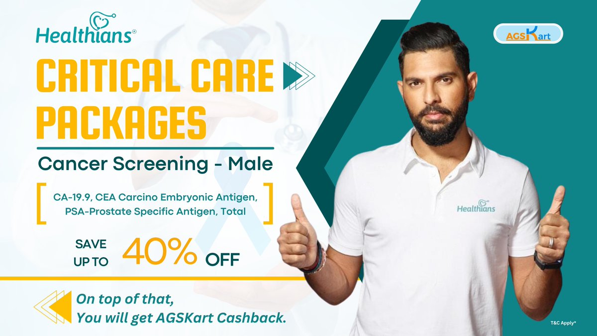 'Critical Care Packages' - Cancer Screening - Male.
On top of that, You will get AGSKart Cashback.
#criticalcarepackage #criticalcare #packages #CancerCare #cancerscreening #cashback #cashbackoffer #CashbackRewards #carepackage #male #Healthians #screening #ScreeningTests