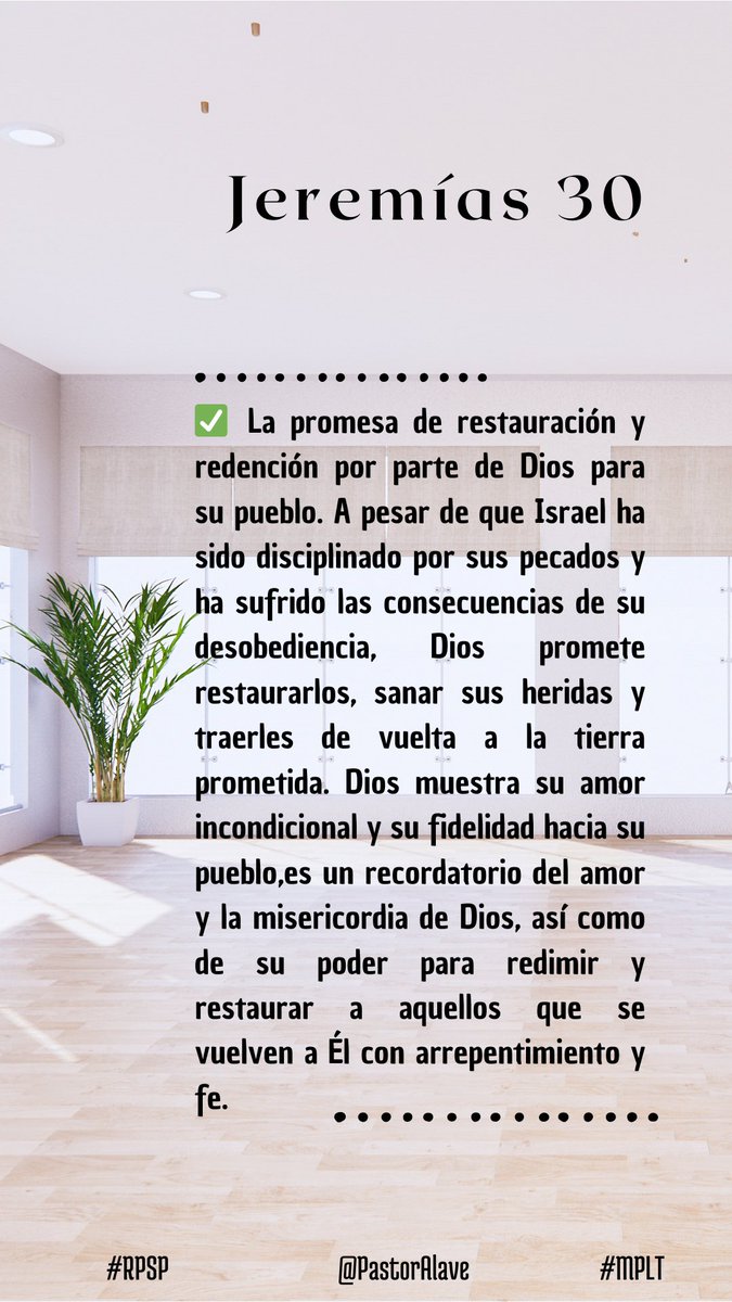 #rpsp Jeremías 30
3 Porque he aquí que vienen días, dice Jehová, en que haré volver a los cautivos de mi pueblo Israel y Judá, ha dicho Jehová, y los traeré a la tierra que di a sus padres, y la disfrutarán.
<a href="/AdventistasUPS/">Adventistas Perú - UPS</a> #MPLT #DiscipulandoConPasión