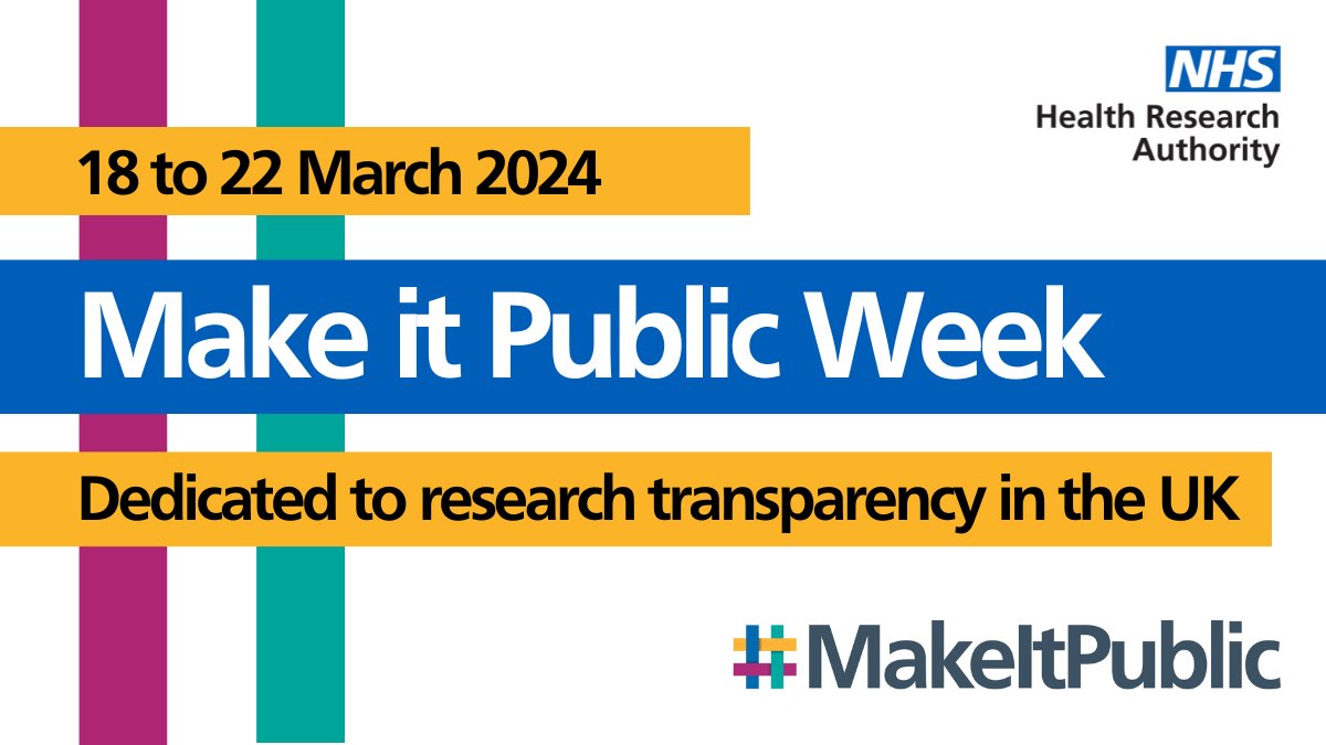 HRA_Latest's tweet photo. #MakeitPublic Week, the UK’s only week dedicated to research transparency, is back for its second year from 18 to 22 March.

Our vision is that trusted information from health and social care research is publicly available for the benefit of all.

(1/3) https://t.co/mOpNQfo7VP