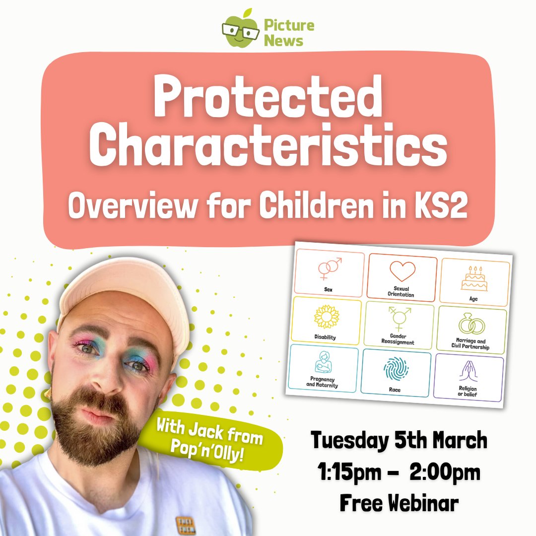 The Picture News Protected Characteristics Overview for Children in KS2 is back! With special guest... Jack from @PopnOlly ⭐ Register here 👉 bit.ly/protected-char… Tuesday 5th March 2024 1:15pm - 2:00pm Free Webinar This interactive session will explore the 9 Protected…