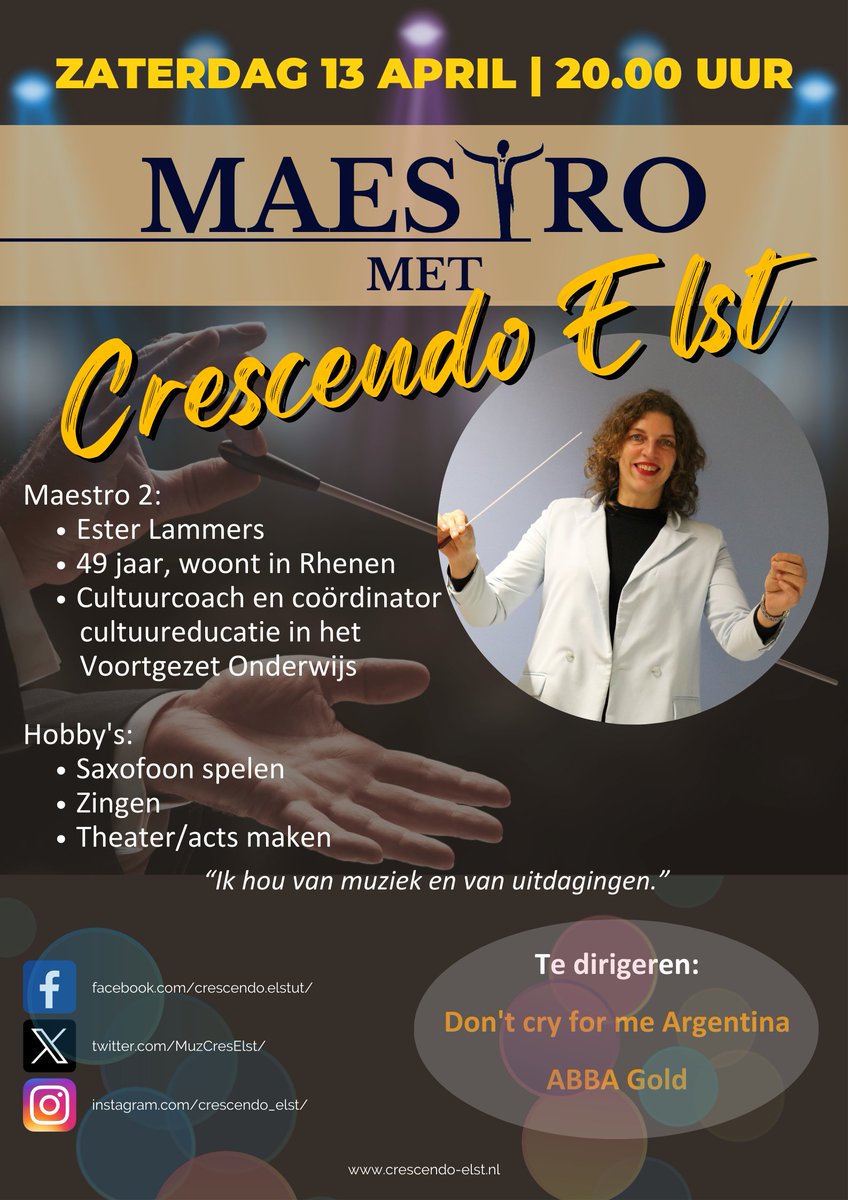 MuzCresElst's tweet photo. De tweede Maestro is bekend!! Ester Lammers zal ook één van de 5 deelnemers zijn op 13 april a.s. bij “Maestro met Crescendo”.
#maestro #cultuurcoach #concert https://t.co/syKnnx21gW
