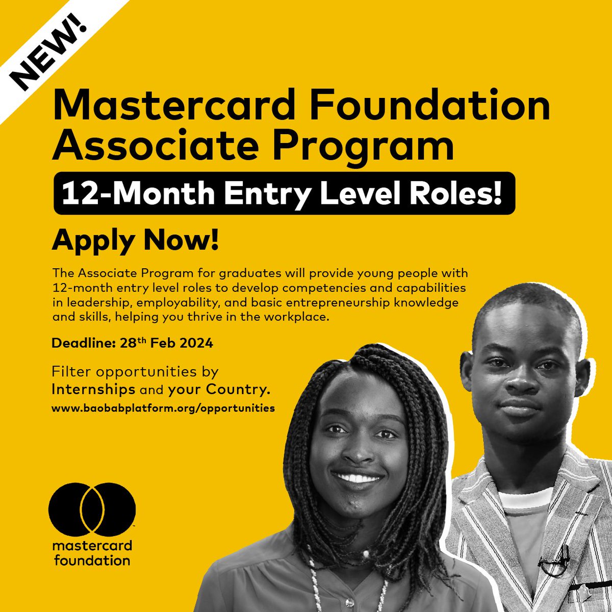 The @MastercardFdn Associate Program has more roles available for you to apply by 28th February 2024. To apply, login or register on the Baobab Platform at lnkd.in/gn98xijs