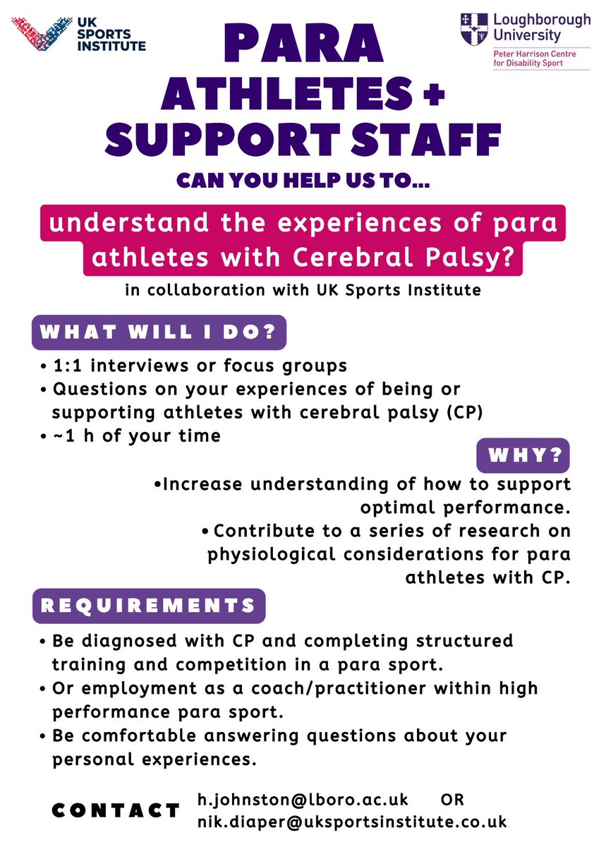 Can you help us to understand the experiences of para athletes with Cerebral Palsy? Please see the poster below and share with your networks. Contact our doctoral researcher Hannah Johnston or @nik_diaper for more information on how you can help out.