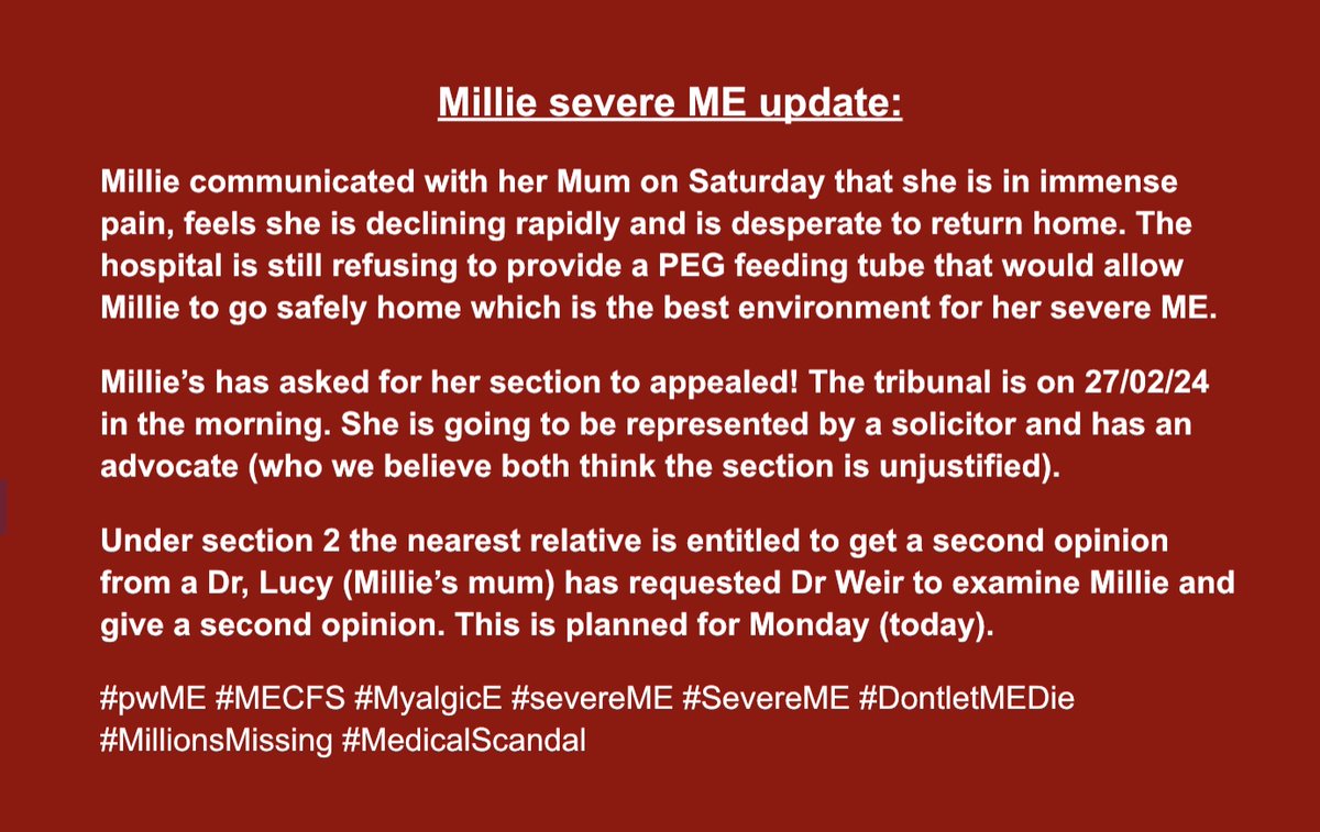 MILLIE UPDATE BELOW Please keep signing and sharing the petitions for Millie and Karen. ow.ly/iY6L50QIbZF ow.ly/BV7u50QIbZE #MyalgicEncephalomyelitis #VerySevereME