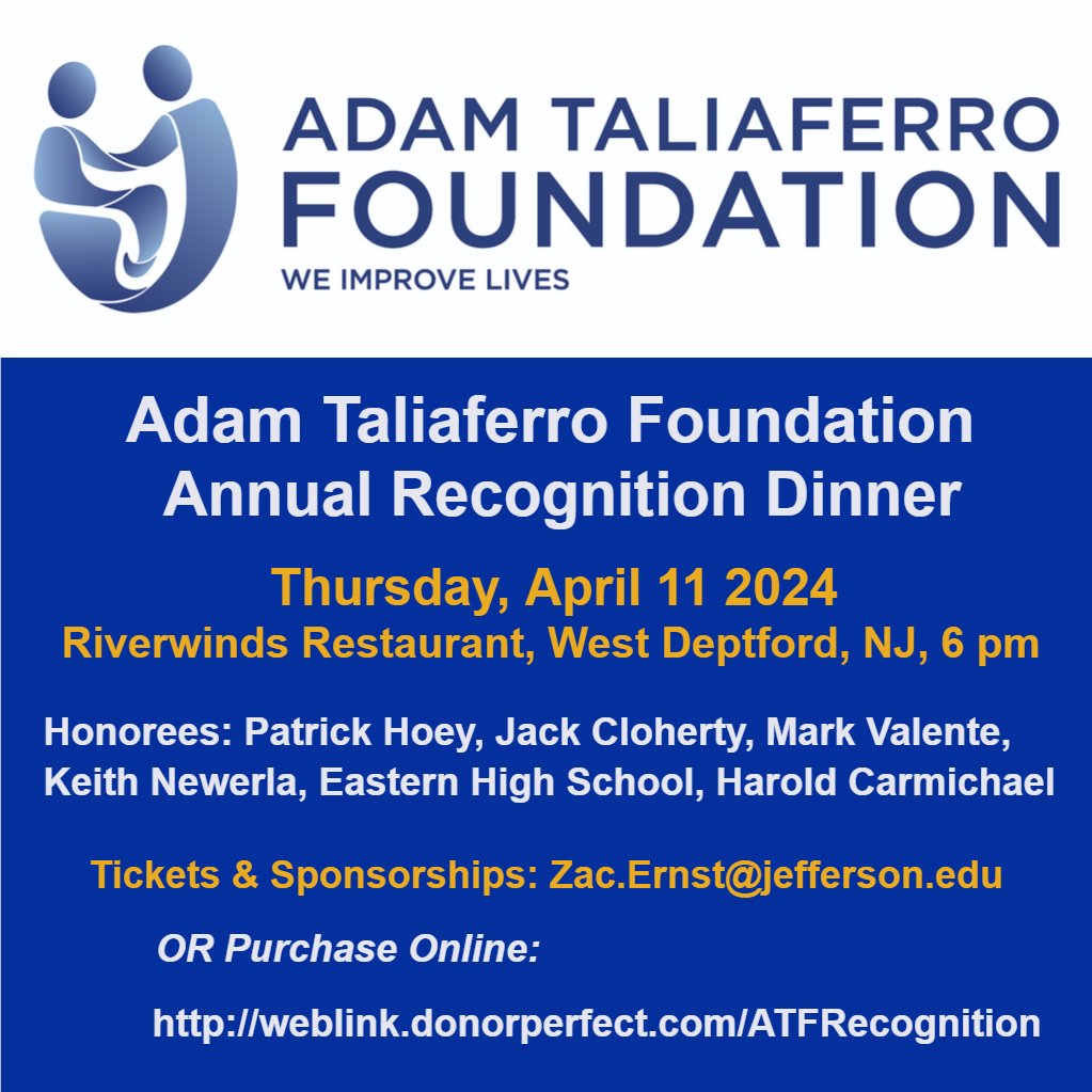 Patrick Hoey, Jack Cloherty, Mark Valente to be Honored During ATF Annual Recognition Dinner on April 11, 2024. Read more: 
taliaferrofoundation.org/2024/02/patric…

#AdamTaliaferro #TaliaferroFoundation
