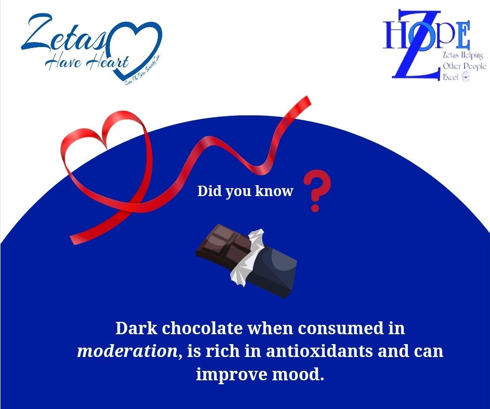 Did You Know: 🍫

Moderate consumption of dark chocolate is packed with antioxidants and has the potential to enhance mood.

#AmericanHeartAssociation #GoodHealthWINs #ZetasHaveHeart
#ZHope #zphib1920 #newjerseyzetas