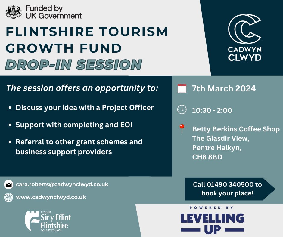 💥FLINTSHIRE TOURISM GROWTH FUND DROP-IN SESSION💥 👉Come by to see us at Betty Berkins Coffee Shop on the 7th of March between 10:30 and 2:00. 📞Call 01490 340500 to book your place!