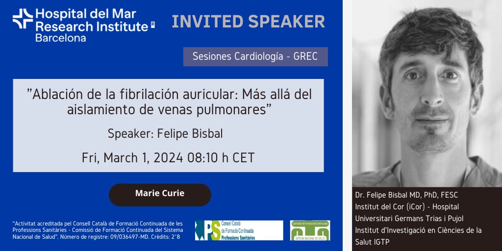 📢NOU SEMINARI #Cardiologia @hospitaldelmar- @HMar_research 📅March 1st ⏰08:10h 📍Marie Curie Room 🗣️@bisbal_EP, @hgermanstrias @GTrecerca @CIBER_CV: 'Ablación de la fibrilación auricular: Más allá del aislamiento de venas pulmonares' 👉imim.cat/agenda/812