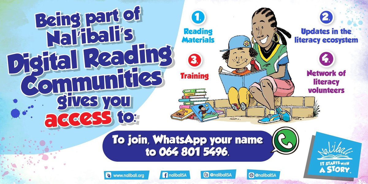 Join a community of literacy volunteers, parents, ECD practitioners and reading club leaders, and gain access to Nal'ibali's stories and training material!! Click here shorturl.at/jAKSV or WhatsApp your name to 064 801 5496  to join. #NalibaliDigitalCommunities #Nalibali