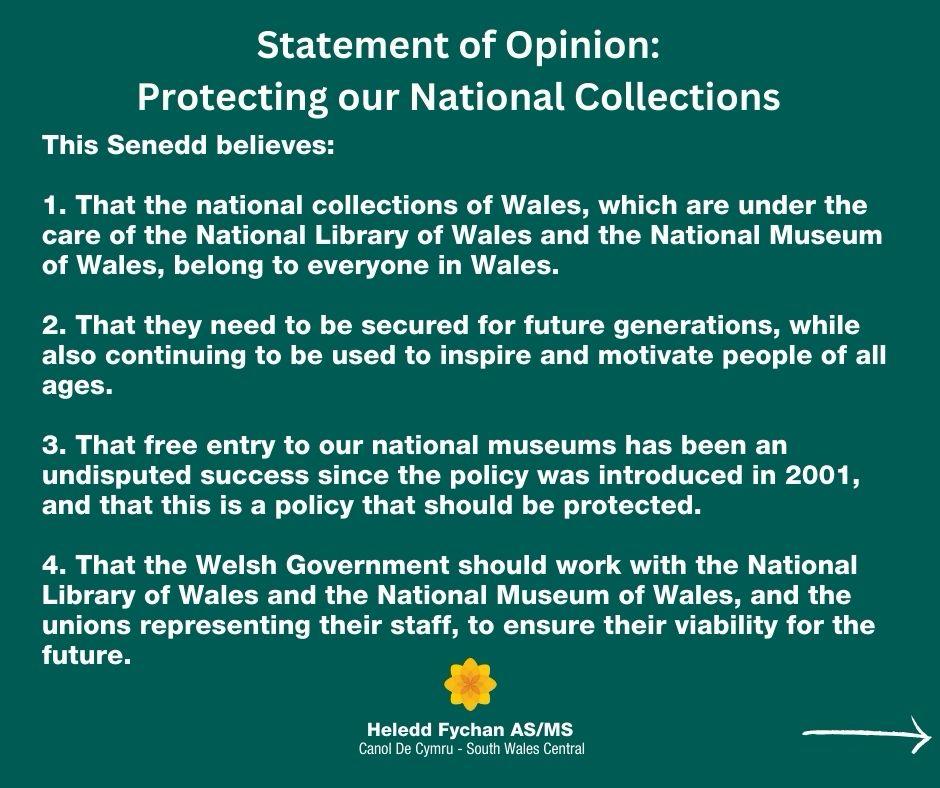 To show my support for all protesting outside the Senedd today to oppose the cuts to our heritage and cultural sectors, I have tabled the statement of opinion shown below.
Please encourage your MS' to sign! 
#SaveWelshHeritage record.senedd.wales/StatementOfOpi…