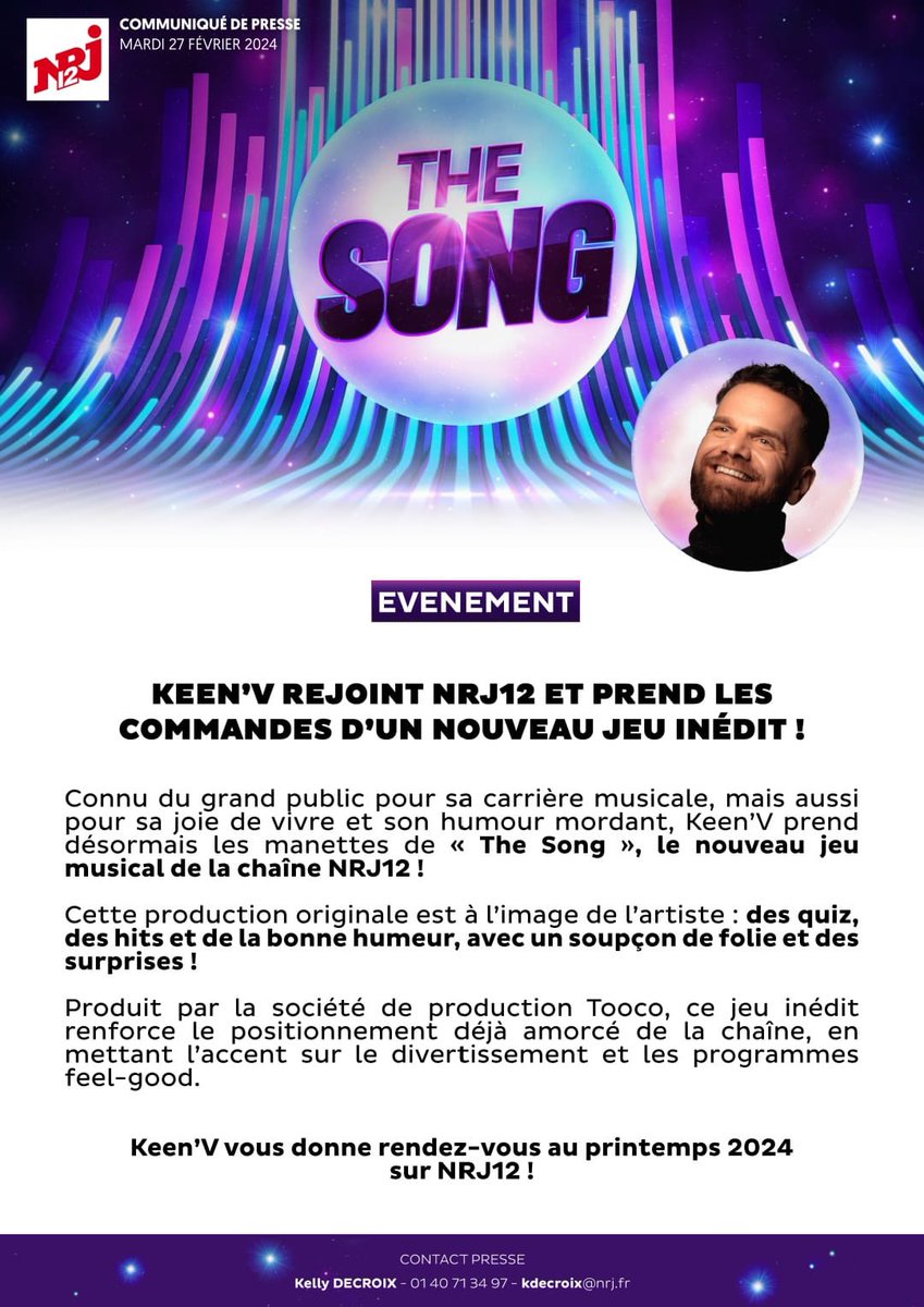 AurelienLipi's tweet image. Nouvelle création française de jeu bientôt à l’antenne sur @NRJ12lachaine ! Un jeu musical feel good animé par @KeenvOfficiel ! Rdv au printemps 😎

#créationfrançaise @Toocoformats