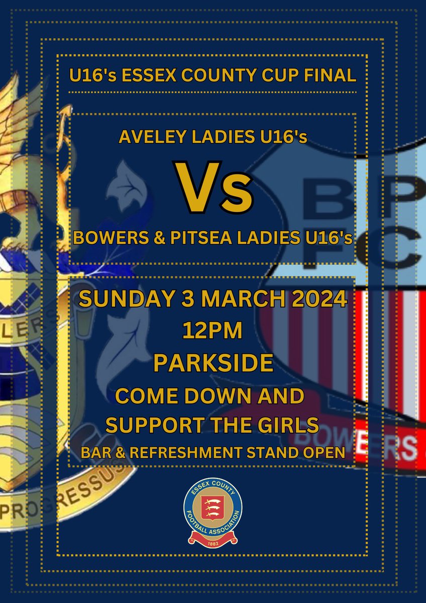5 days to go!! can @AveleyGirls slay the dragon 🐉 in back 2 back finals for both sides. Amazing achievement to get to the U16s County Cup Final get down to support <a href="/AveleyFC/">Aveley Football Club</a> <a href="/MillerJohno/">Craig Johnson</a> <a href="/AveleyVillage/">Our Aveley</a> <a href="/Sons_of_Aveley/">Sons of Aveley</a> <a href="/AveleyYouthFC/">Aveley Youth</a> 💥