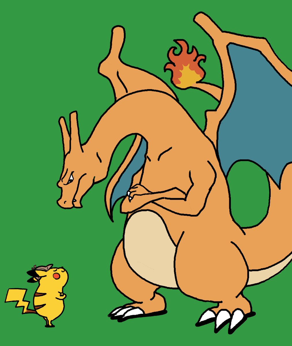 charizard ,pikachu pokemon (creature) flame-tipped tail green background no humans standing simple background fire  illustration images