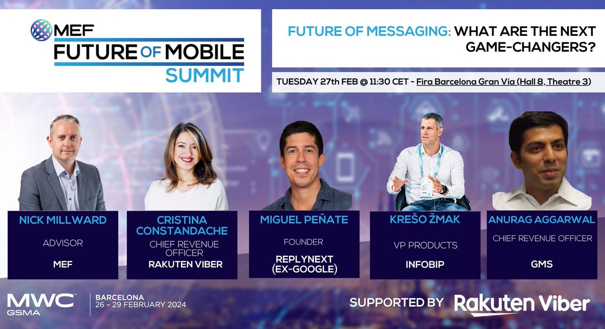 ⏳ Less than 3 hours to go till our panel discussion @MEF's The Future of Mobile Summit during @MWCHub Barcelona, delving into the new tech trends and their meaning for the future of messaging. 📲 Join us at 11:30 CET at Hall 8, Theatre 3!