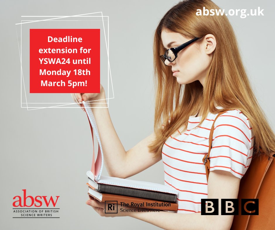 You asked, we listened! We have extended our deadline for the Young Science Writer Award until Monday 18th March at 5pm.

Competition details can be found here 👉zurl.co/rxtc 

Be sure to get your entries in by that date! 

<a href="/BBC/">BBC</a> <a href="/Ri_Science/">Royal Institution</a> #YSWA24 #ScienceWriting