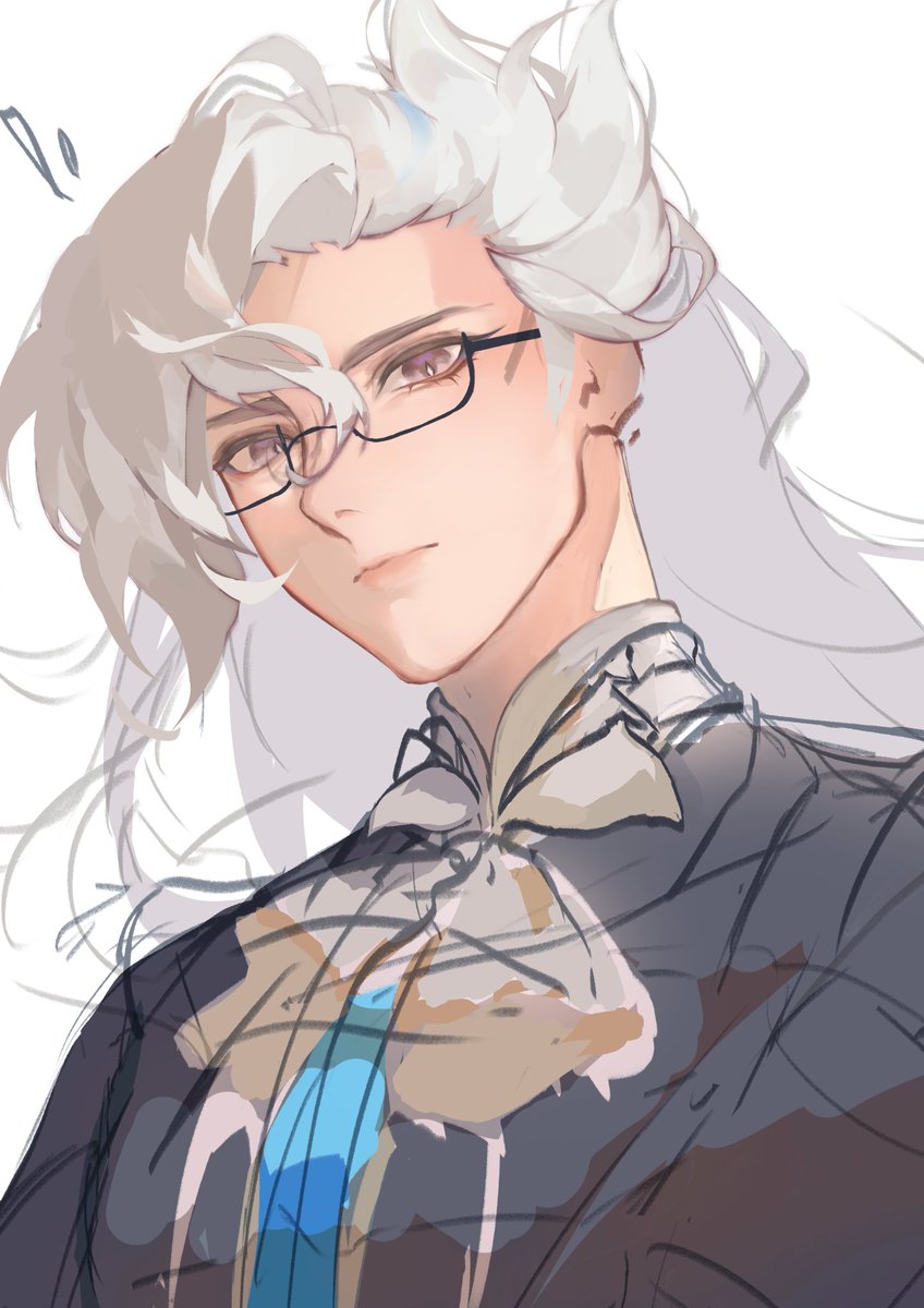 neuvillette (genshin impact) 1boy solo male focus glasses white background long hair white hair  illustration images