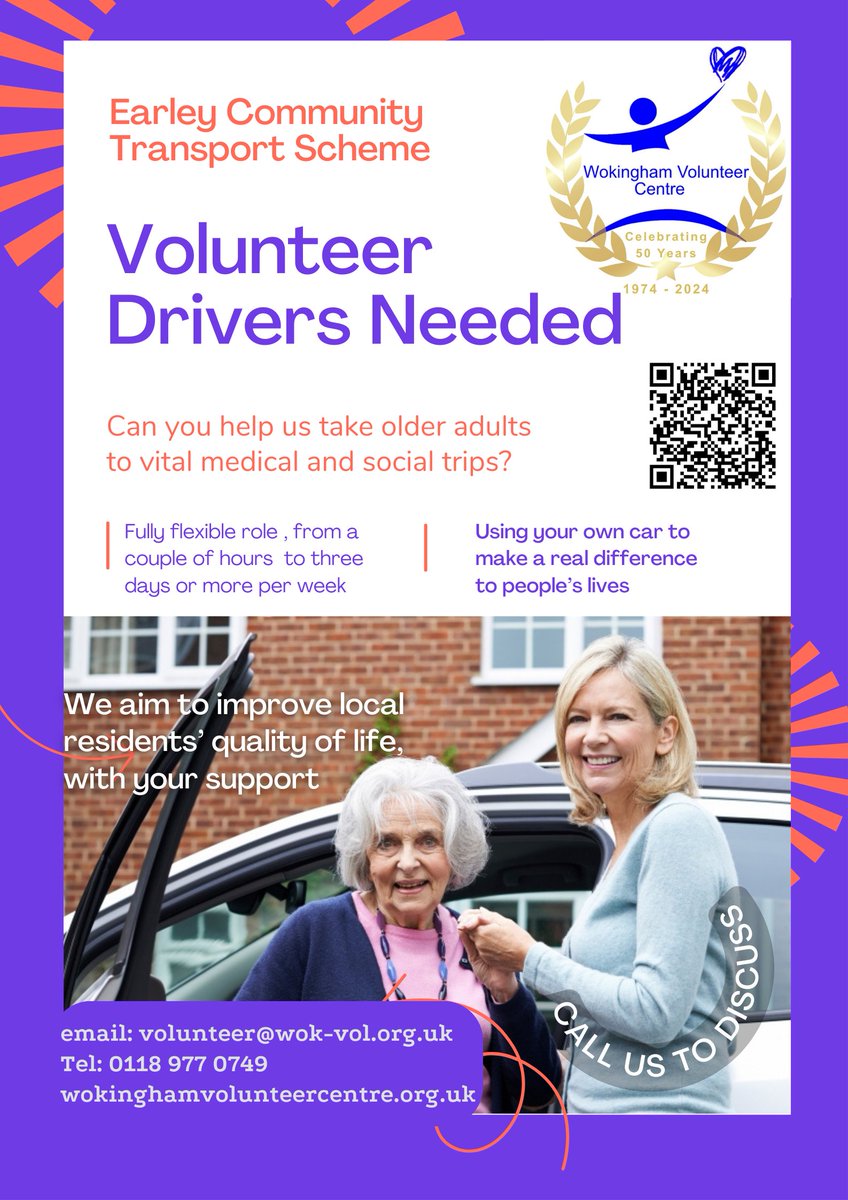 Do you live in Earley and would like to help older people get to vital medical appointments and social events, to reduce their loneliness? We need volunteers, using their own car in a fully flexible role with all expenses reimbursed. Please get in touch! ow.ly/KHeX50QHR0O