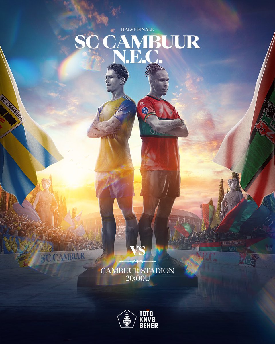 KNVB's tweet photo. Strijd om de eerste finaleplaats! 🔥

Het is #AllesOfNiets voor @SCCambuurLwd en @necnijmegen vanavond. ⚔️

#TOTOKNVBBeker #CAMNEC https://t.co/1rUullLsuz