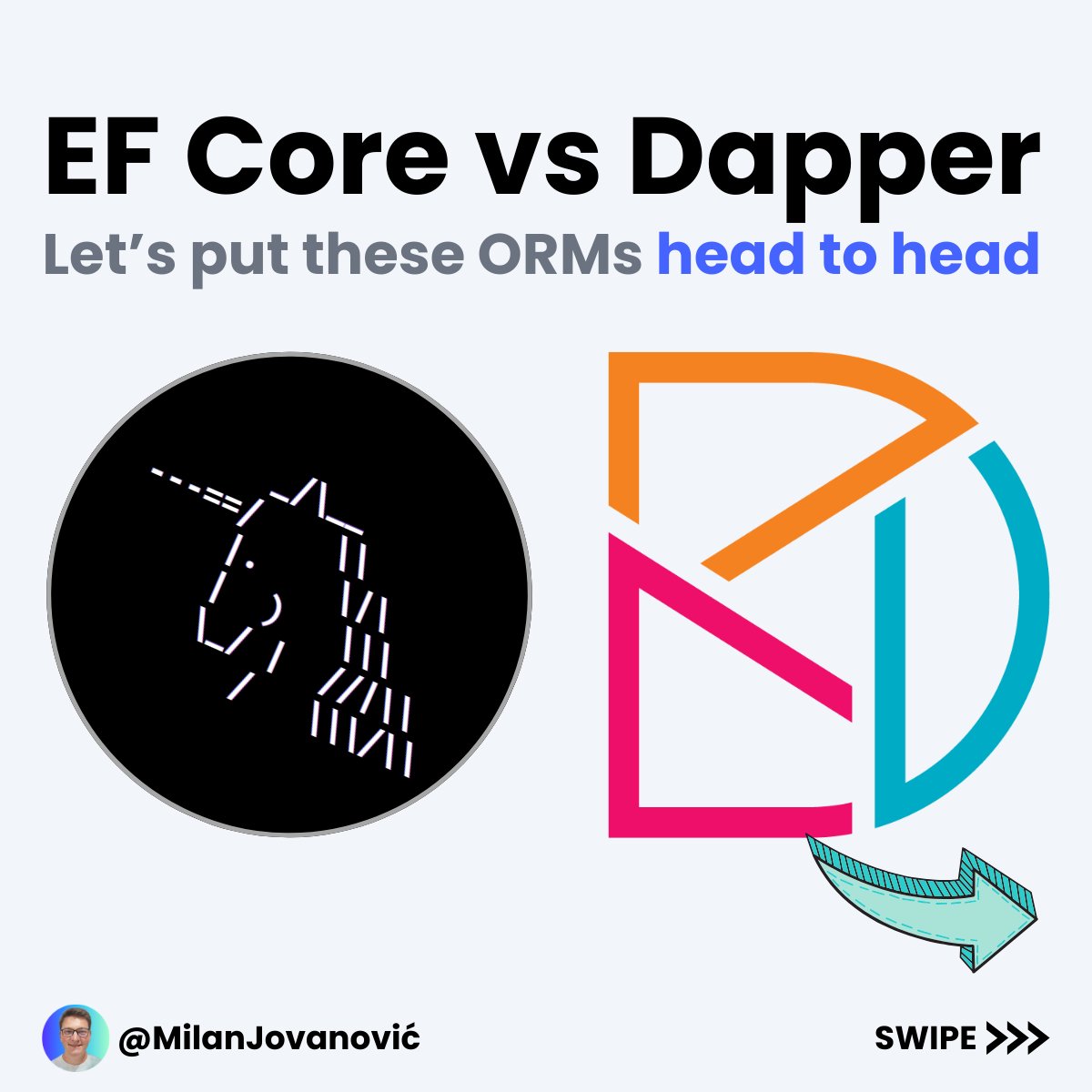 mjovanovictech's tweet photo. Which ORM is better for your .NET project?

I'm sure the answer will surprise you. 🔥

Let's compare EF Core and Dapper:

- Level of abstraction
- Performance
- Features

1. 𝗟𝗲𝘃𝗲𝗹 𝗼𝗳 𝗔𝗯𝘀𝘁𝗿𝗮𝗰𝘁𝗶𝗼𝗻

EF Core abstracts away the underlying database structure. This lets you work with your data using a more object-oriented approach. EF can be easier to work with if you're new to databases or dealing with a complex data model.

Dapper is a more lightweight ORM that provides a minimal abstraction over your database. You'll have more control over the SQL queries, which can be helpful if you want to optimize the performance of your queries. You must understand the underlying database structure well and be comfortable working with raw SQL queries.

2. 𝗣𝗲𝗿𝗳𝗼𝗿𝗺𝗮𝗻𝗰𝗲

Dapper provides less abstraction and can be faster than EF Core when executing complex queries.

Dapper runs SQL queries you provide from your code, whereas EF Core generates them based on the data model you've defined.

Although EF 8 has raw SQL support, similar to Dapper. Performance isn't on par yet.

The performance difference between EF Core and Dapper is not always significant. In some cases, EF Core can be just as fast as Dapper.

3. 𝗙𝗲𝗮𝘁𝘂𝗿𝗲𝘀

EF Core includes support for a wide range of features:

- LINQ queries
- Migrations
- Multiple database providers
- Change tracking (unit of work)

Dapper is a more focused tool designed for working with SQL databases. The main feature is mapping SQL queries to POCOs. But you can also execute stored procedures and functions.

Is it even worth comparing them?

Yes, because it's important to understand the differences.

But here's what I do in my applications.

I choose to work with both EF Core and Dapper.

For example, you can write most of your queries with EF. Then, you can reach for Dapper if you need to squeeze out more performance.

Dapper is still more powerful for UPDATE and DELETE queries, so there's an advantage.

P.S. If you want to accelerate your .NET and software architecture skills, consider joining The .NET Weekly - my newsletter with 42,000+ engineers.

Subscribe here → https://t.co/U6GD8Dsdiq

What do you think about using EF Core and Dapper together?