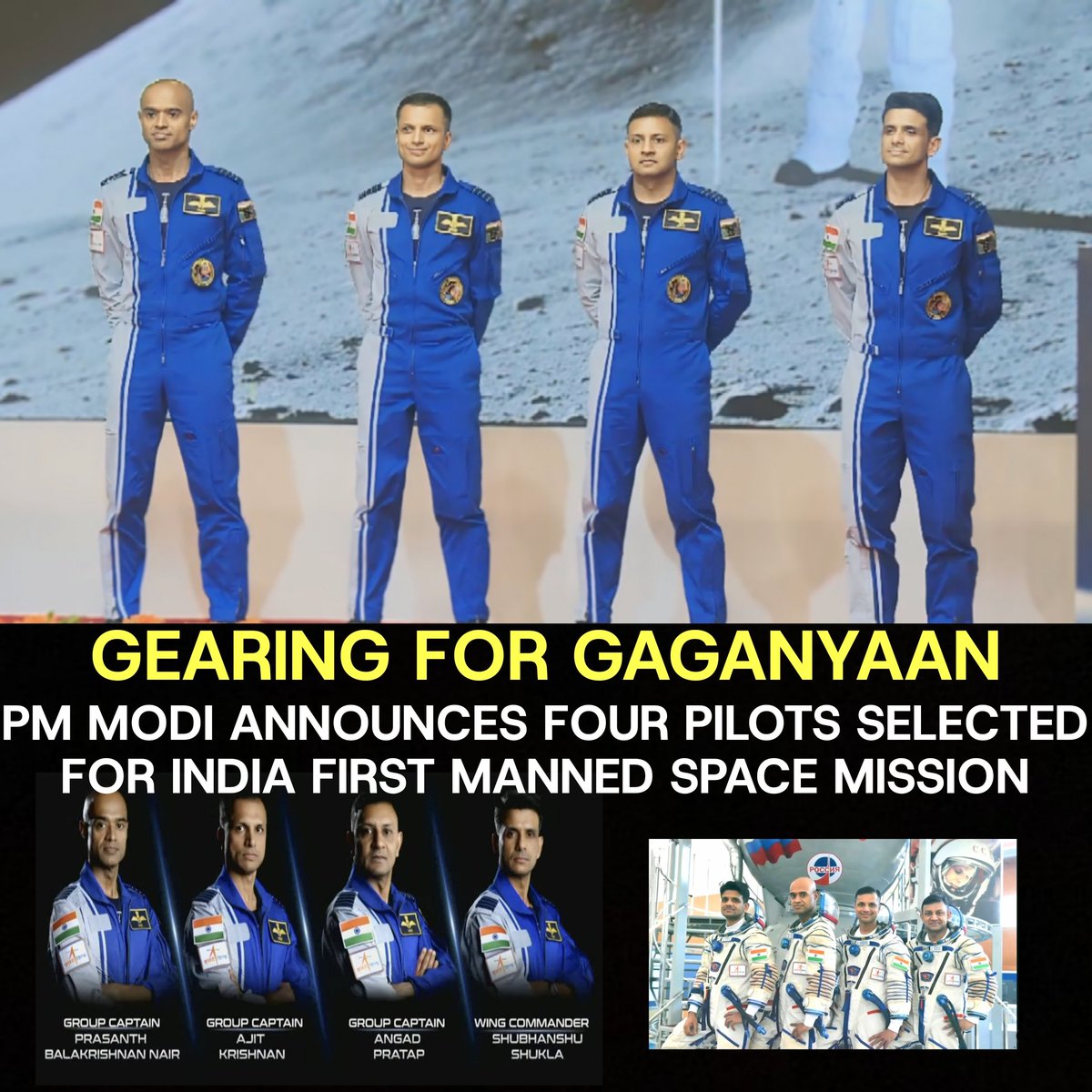 Sullurpeta's tweet photo. BREAKING 🚨: India announces names of 4 astronauts for the country's first ever manned mission to space #Gaganyaan.

The four chosen IAF pilots are:
Gp Capt Prashanth Nair
Gp Capt Ajit Krishnan
Gp Capt Angad Pratap
Wg Cdr Shubhanshu Shukla https://t.co/XqYXPFyYET
