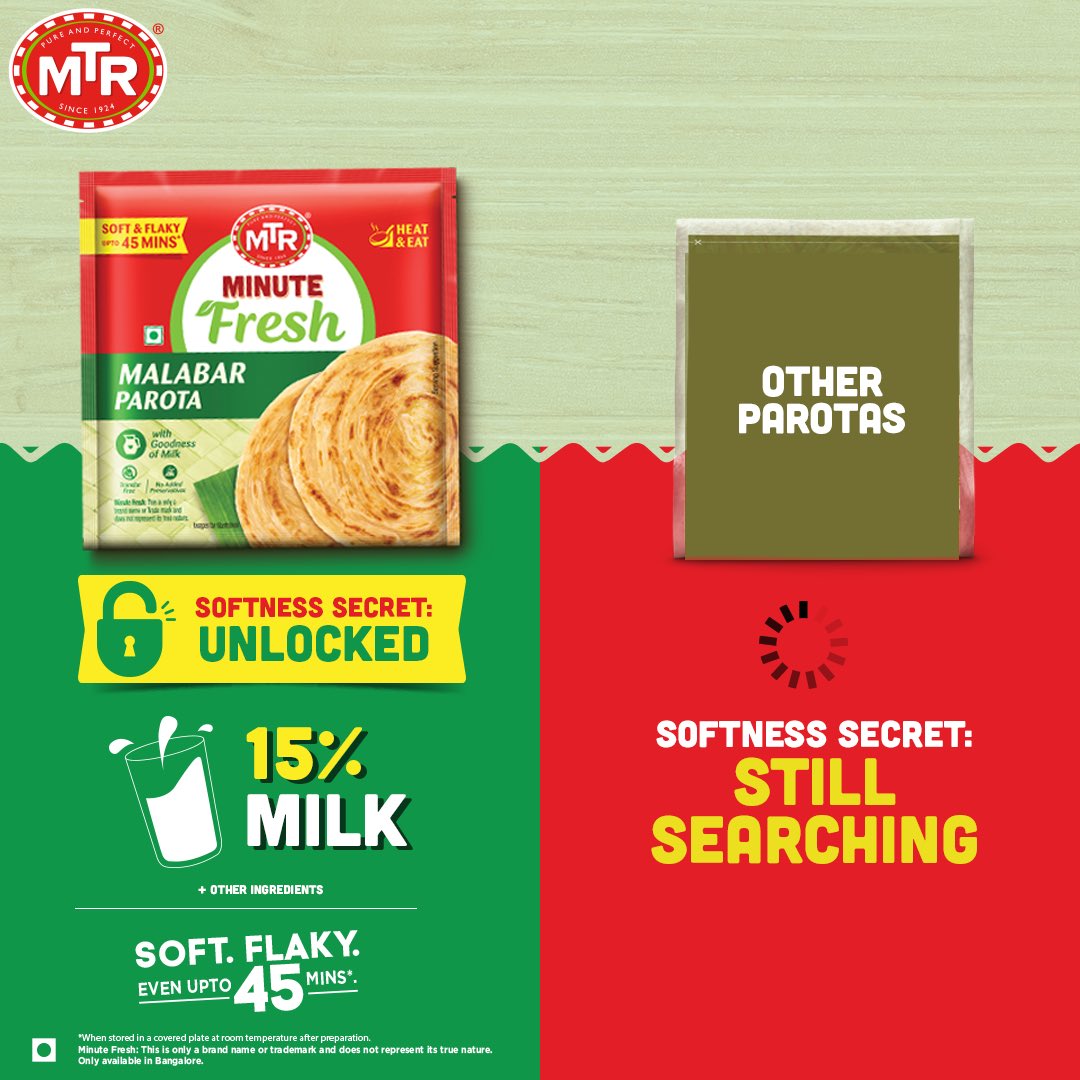 Unlock the secret to softness with MTR Malabar Parota! 🗝️ Infused with 15% milk, our parotas are deliciously soft and flaky, outshining the rest. No more searching, just savoring. #MTRMalabarParota #softnessunlocked #MilkMagic #softandflaky