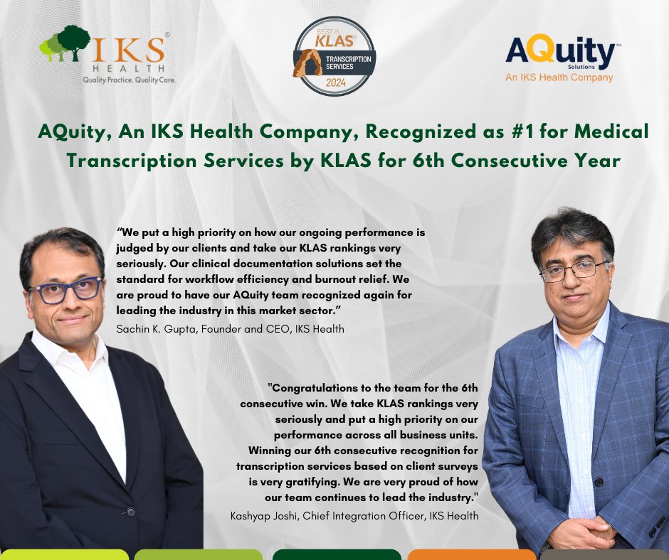 We are delighted to announce that @AquitySolutions , an #IKSHealth company, has been recognized by @KLASresearch as the 2024 Best in KLAS #MedicalTranscription Services provider. This marks the sixth consecutive year AQuity has earned this recognition
ikshealth.com/media-center/p…