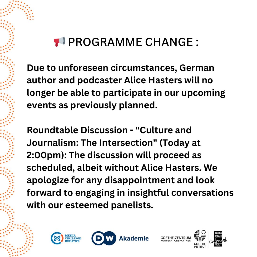 GZ_Kampala's tweet image. 🚨 PROGRAMME UPDATE: German author &amp;amp; podcaster Alice Hasters will no longer join our events as planned.

Roundtable Discussion - &quot;Culture &amp;amp; Journalism: The Intersection&quot; (Today at 2pm) will proceed without her. Apologies for any inconvenience. Stay tuned for updates. #EventUpdate