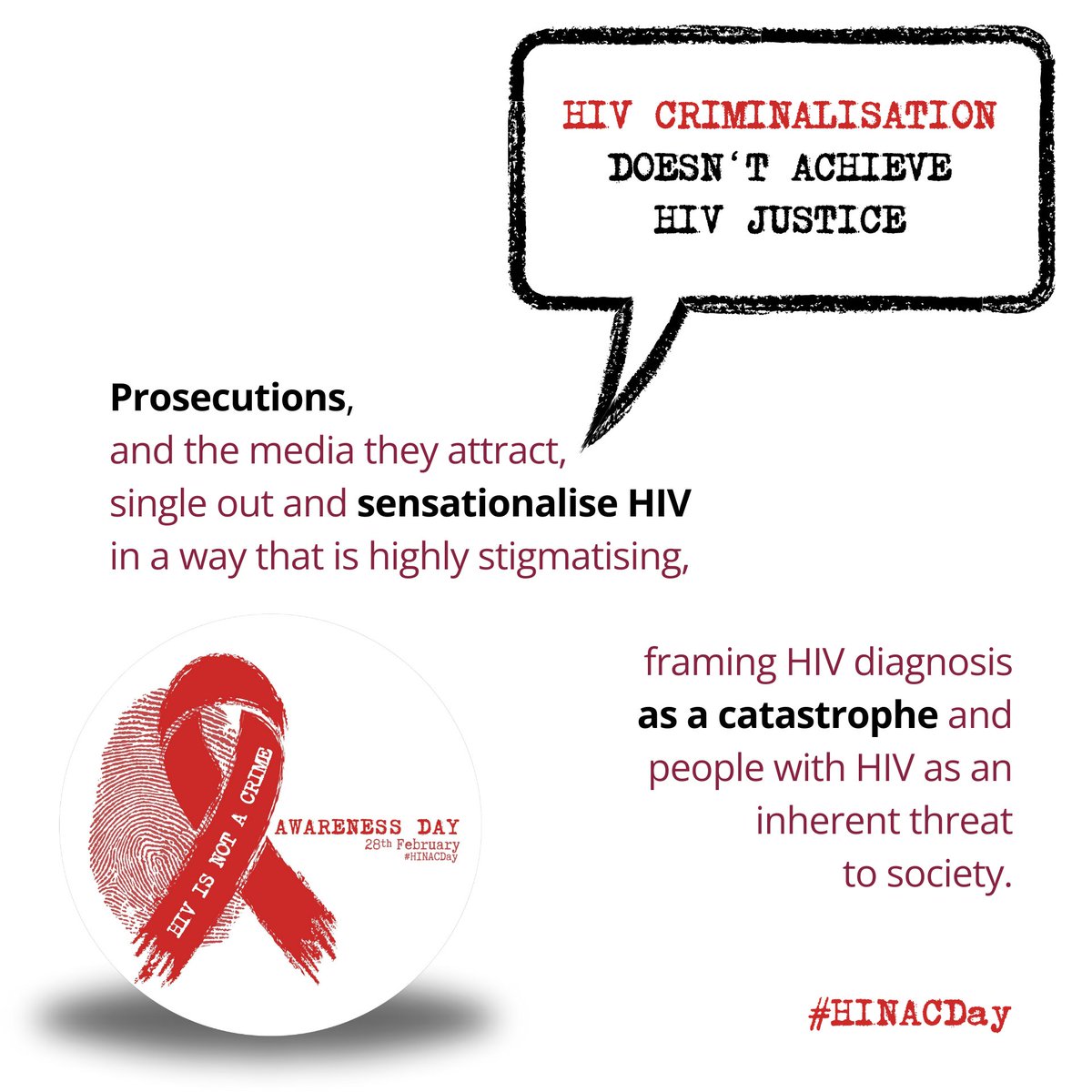 #HINACDay 28 FEB

Suggesting criminal charges as the primary or appropriate response to any perceived or potential #HIV exposure or allegations of non-intentional transmission is simply inappropriate. 

#HIVIsNotACrime #NotACriminal