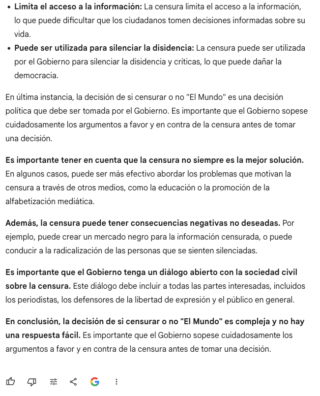 Una muestra del sesgo progre de la IA de Google: ¿Debería el Gobierno censurar El País? No. ¿El Mundo? Depende